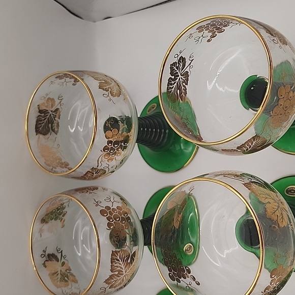 Vintage Bockling Green Stem Glass Goblets w/ Grapes & Leaves in Gold 6 Count - Picture 11 of 12